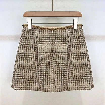 Autumn Winter Small Fragrant Style Gold Plaid Coarse Knitted Two Piece Set Women Suit Coat Tweed Jackets Midi Long Skirts Sets