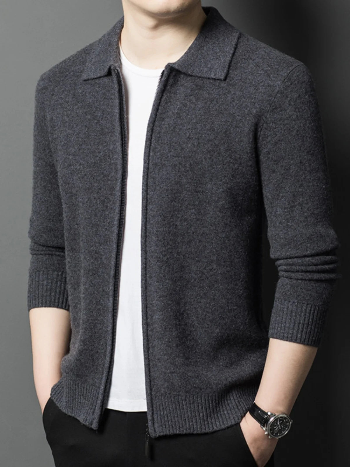 Spring and Autumn Pure Cashmere Cardigan Men's New Casual Lapel Solid Color Zipper Men's Thickened Sweater Jacket