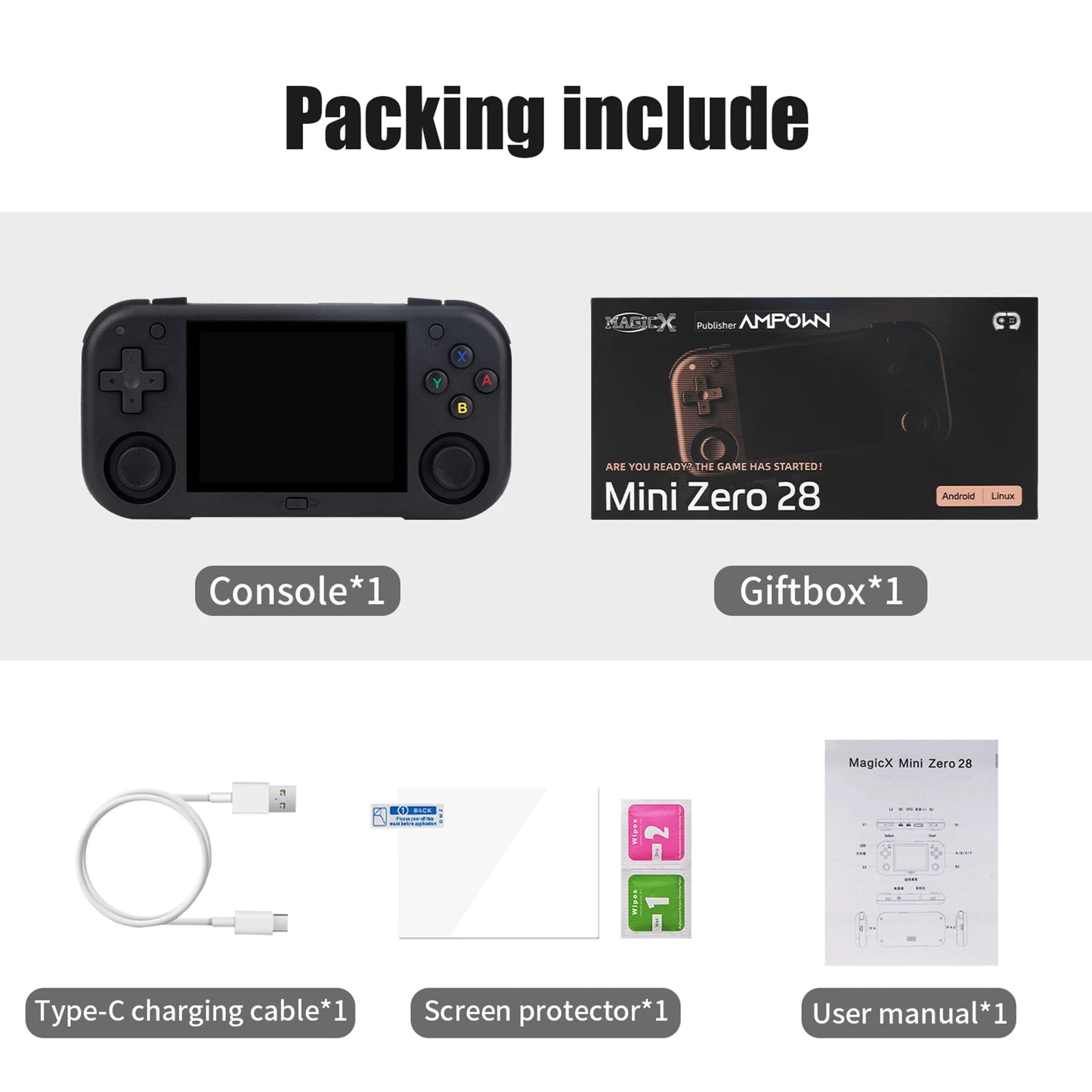 AMPOWN Mini Zero 28 Handheld Video Game Console 2.8'' IPS Screen A133P Processor Android OS 2.4GWIFI MAGICX ZERO28 Player Gifts