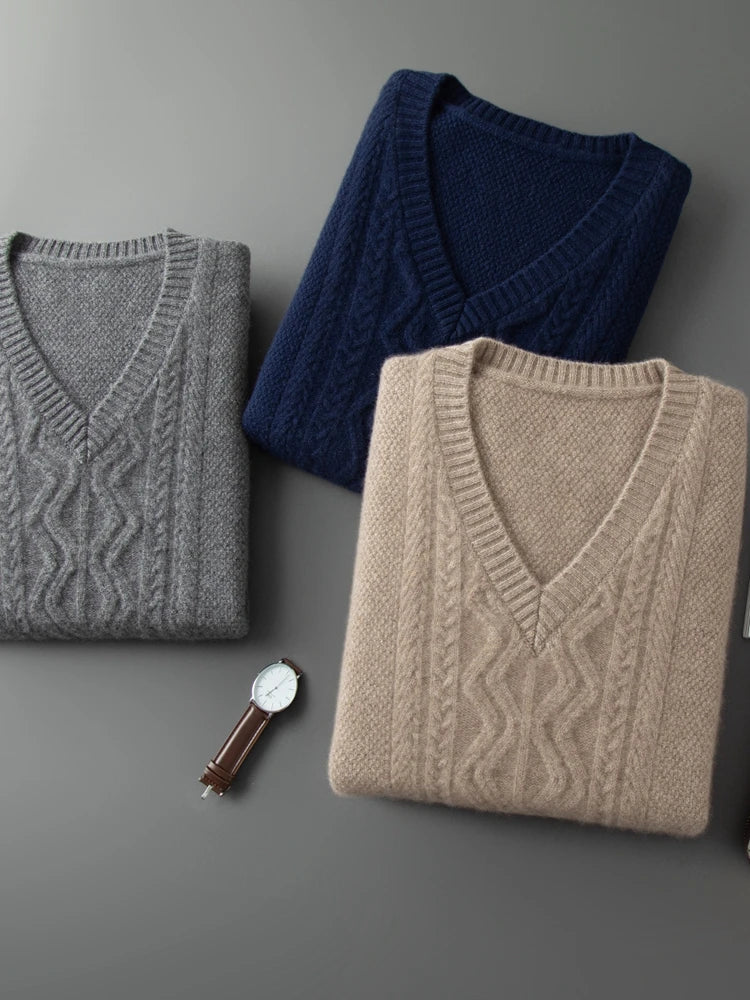 Men's 100% pure cashmere vest for men's autumn and winter wool sweater V-neck pullover sweater thickened warm wool vest