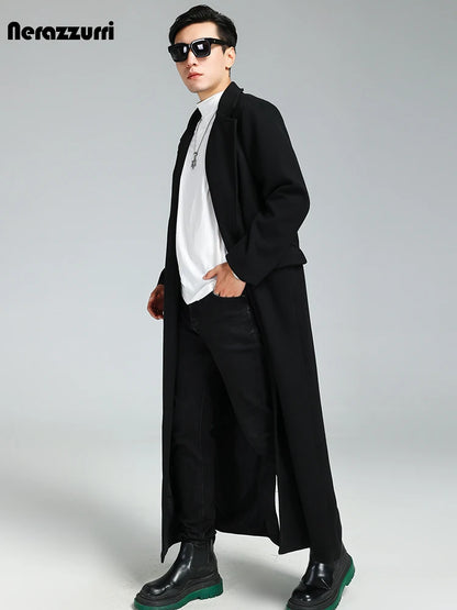 Nerazzurri Autumn Winter Extra Long Soft Black Warm Woolen Coat for Men Loose Casual Korean Fashion 2023 Wool & Blends Overcoat