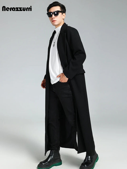 Nerazzurri Autumn Winter Extra Long Soft Black Warm Woolen Coat for Men Loose Casual Korean Fashion 2023 Wool & Blends Overcoat