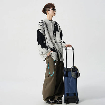 LUZHEN 2025 Winter New Original Color Contrast Ink Printed Knitted Cardigan Men Fashion Round Neck Handsome Male Sweater JY5391