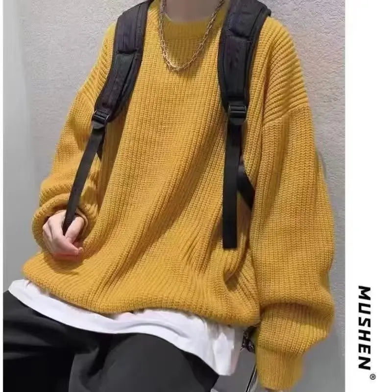 Autumn and winter loose shoulder sweater for young men Japanese retro pineapple needle jacquard lazy round neck knit sweater