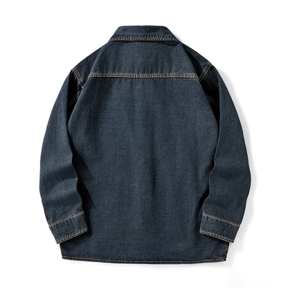 Heavy duty washed denim jacket for men vintage blue lapel long sleeved shirt style jacket casual and loose outer wear