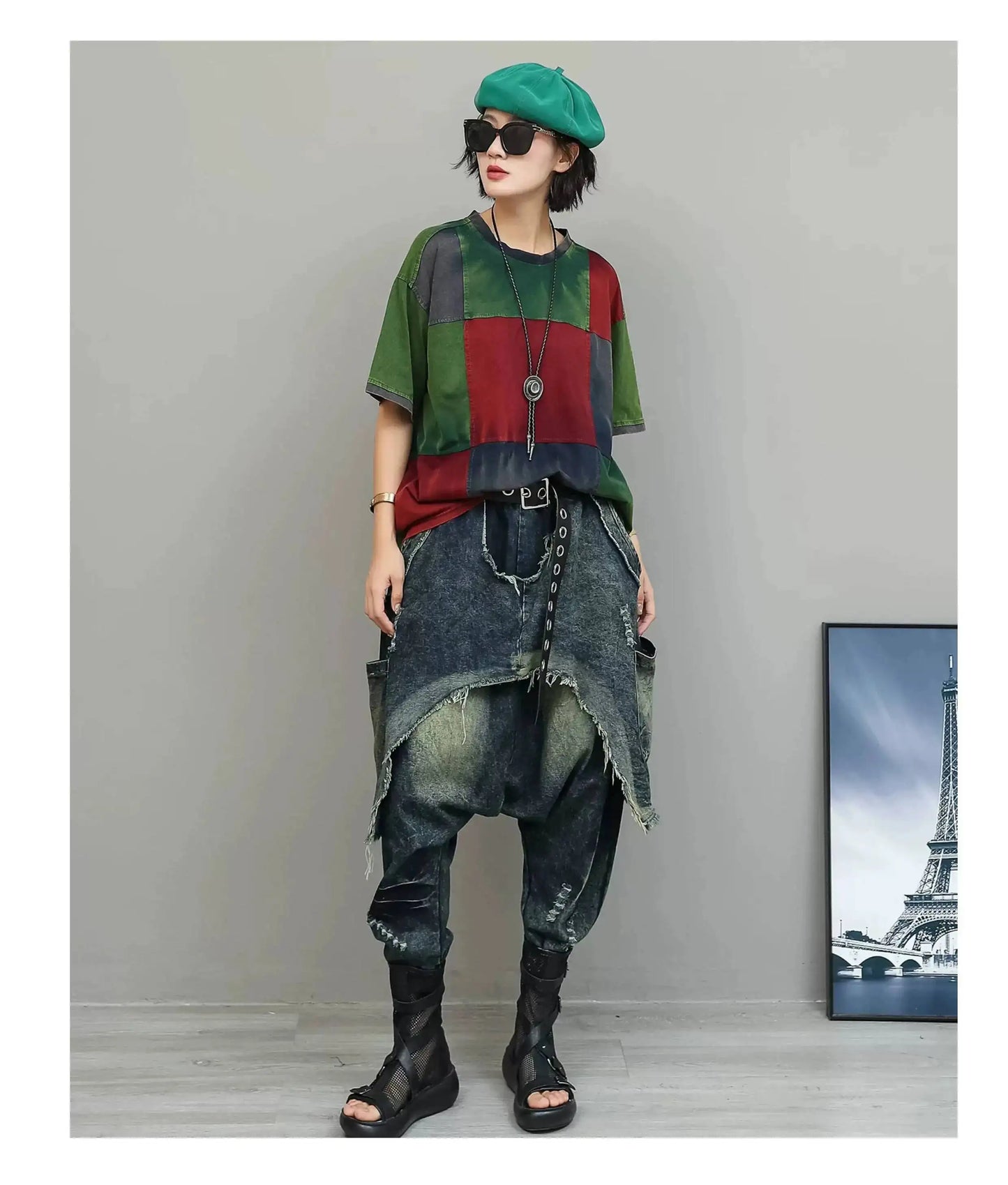 Color-blocked Suit Women Short-sleeve T-shirt + Loose Faux Two-piece Denim Drop-crotch Pants Two Piece Set Summer XY311