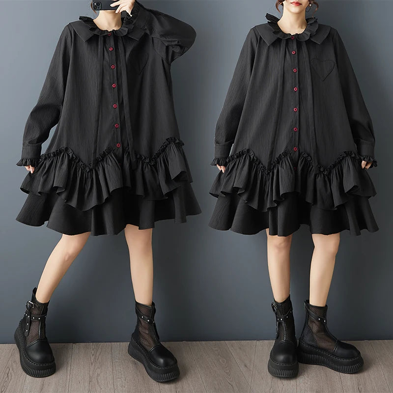 Loose Dark Design Double Layered Doll Collar Ruffle  Patchwork Dress Women's plus Size Cotton Blend Long Sleeve Midi Dress