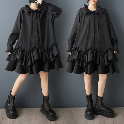 Loose Dark Design Double Layered Doll Collar Ruffle  Patchwork Dress Women's plus Size Cotton Blend Long Sleeve Midi Dress