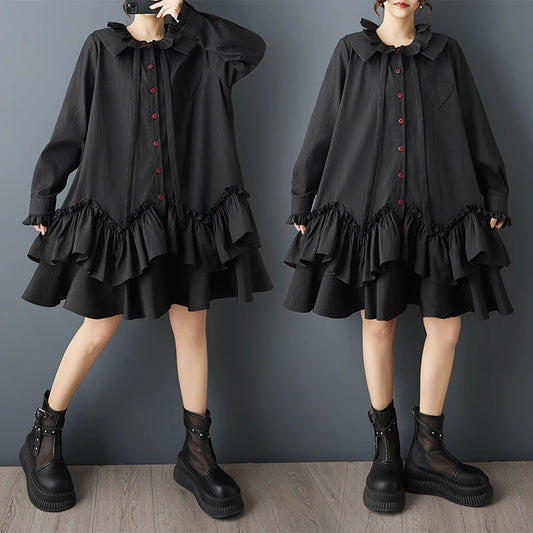 Loose Dark Design Double Layered Doll Collar Ruffle  Patchwork Dress Women's plus Size Cotton Blend Long Sleeve Midi Dress