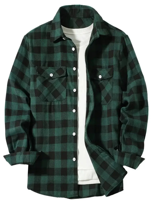 LVLAEA Plaid Pattern Men Fall Winter Buttonup Streetwear Long Sleeve Lapel Collar Pocket Decoration Trendy Y2K Tated Shirt for M