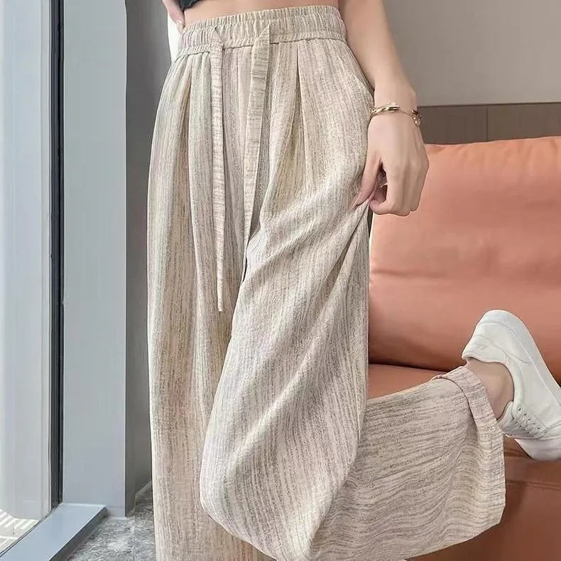 Ice Silk Slim Wide Leg Pants Women's Summer Drapey High Waist Straight Casual Lazy Floor Length Pants Cool Pants