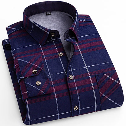 Winter Warm Shirt For Man Thickened Flannel Plaid Casual Menswear Long Sleeve Plus Fleece Big Size Regular Fit Smart Dress Shirt