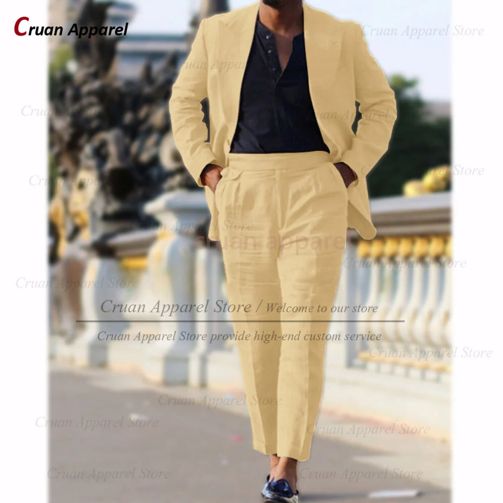 Classic Summer Linen Suit Sets For Men Smart Casual Blazer And Pants 2 Pieces Formal Evening  Fashion Slim Fit Suit Attire