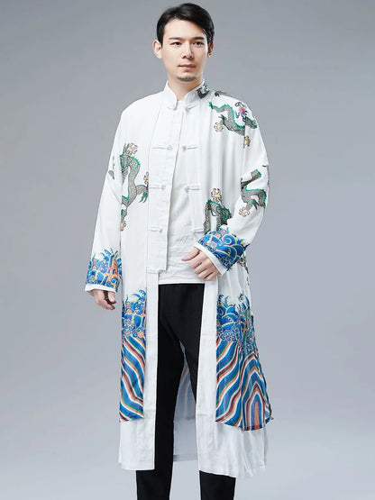 Retro Chinese Sle Youth Men's Long irt Fake Two-Piece Silk Printed Cotton Linen Hanfu Tang Costume Robe Summer Casual Wear