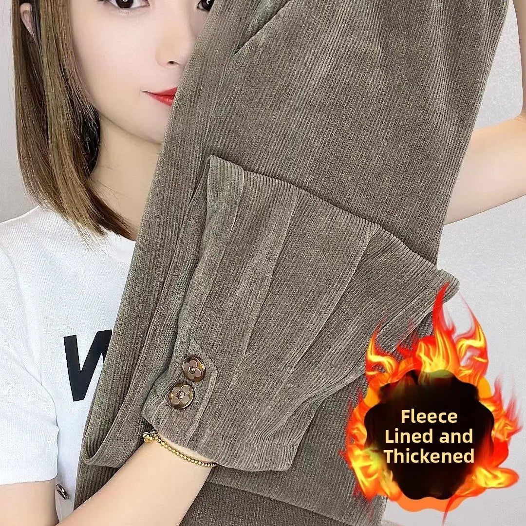plus Size Corduroy Wide Leg Pants Women's Fleece Lined Slimming  Bootcut Trousers Autumn Winter High Waist Elastic Waist