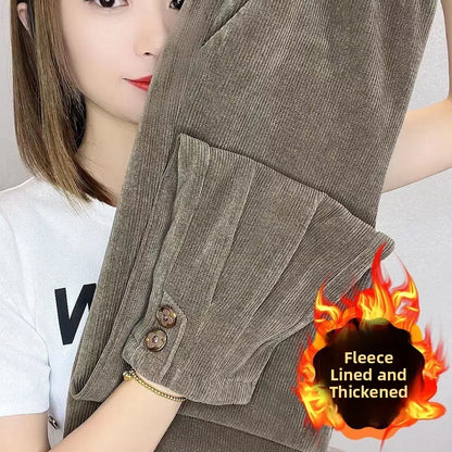 plus Size Corduroy Wide Leg Pants Women's Fleece Lined Slimming  Bootcut Trousers Autumn Winter High Waist Elastic Waist
