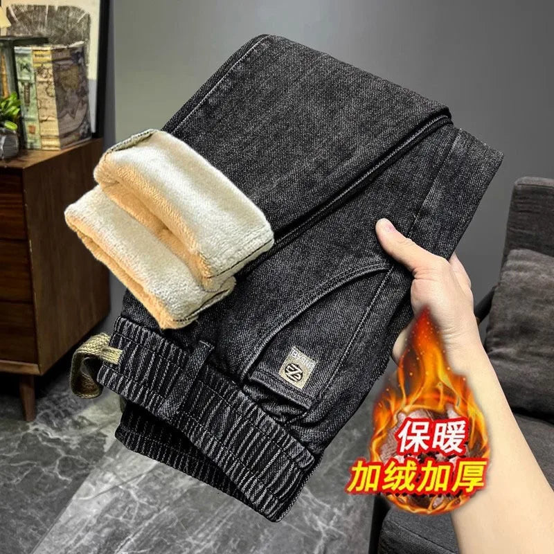 Warm Fleece Lined Elastic Waist Casual Straight Leg Men's Jeans Premium Quality Autumn Winter Thickened Stretch Denim Pants