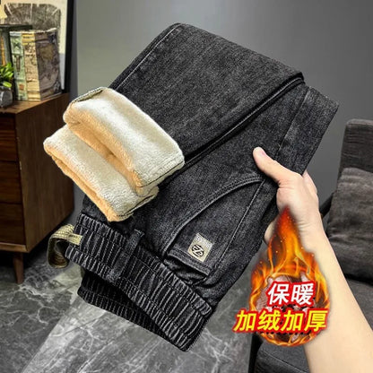Warm Fleece Lined Elastic Waist Casual Straight Leg Men's Jeans Premium Quality Autumn Winter Thickened Stretch Denim Pants
