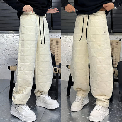 Warm Cotton Pants Men's Winter Fashion Straight Leg Thermal Trousers Thickened Flannel Drawstring Elastic Waist Casual Loose Fit