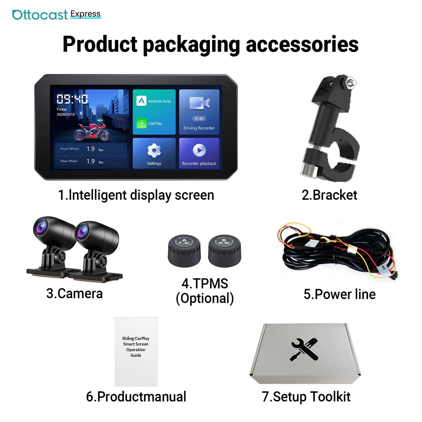 Ottocast Express Motorcycle Display 6.0 inch IP67 Waterproof GPS Wireless Carplay Android Auto DVR Drive Recorder Moto Monitor