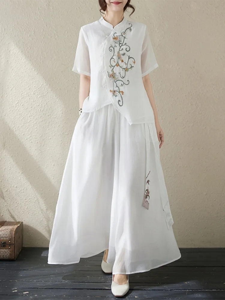 New National Style Heavy Embroidery  Set Women Summer Loose plus Size Fringed Wide Leg Pants Skirt Slimming Two Piece Set