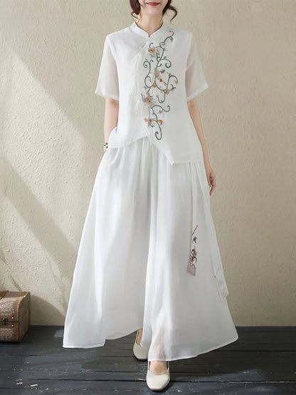 New National Style Heavy Embroidery  Set Women Summer Loose plus Size Fringed Wide Leg Pants Skirt Slimming Two Piece Set