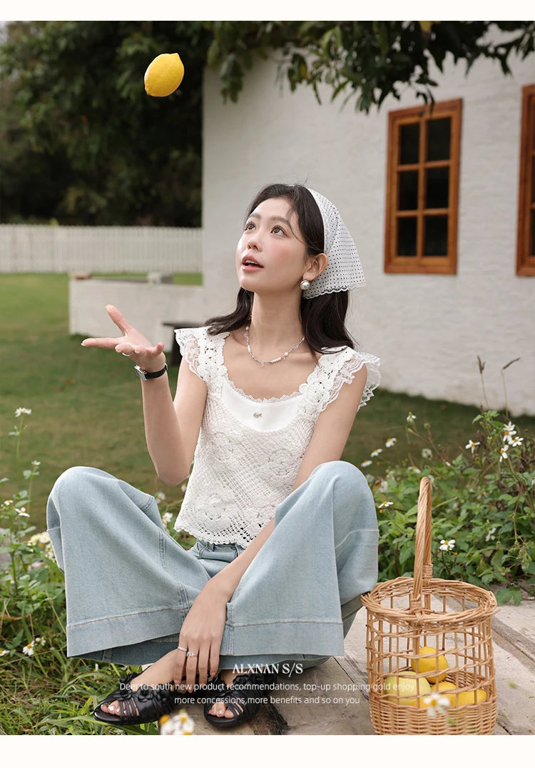 ALXNAN White Tank Tops 2026 Summer Elegant Cotton Women's Camisole Lace Fake Two-piece Design Chic Sleeveless Tops Ladies L53815