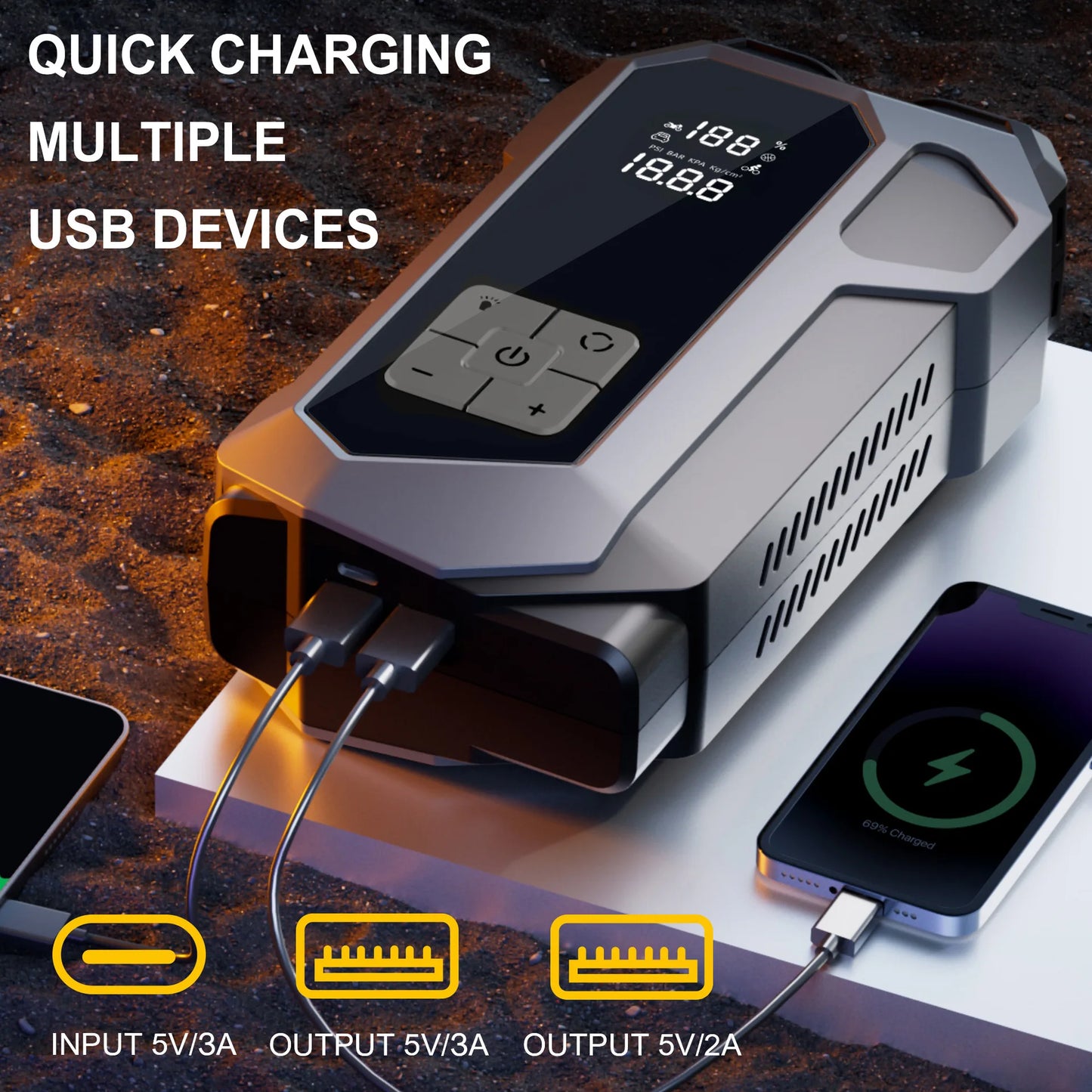 Jump Starter Power Supply Wireless Tire Air Pump Integrated Machine Electric Ignition Artifact Equipped with USB Port LED Light