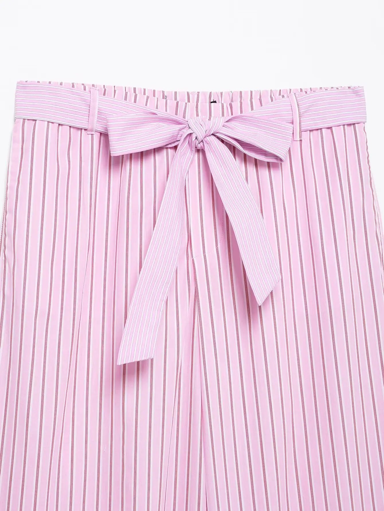 HH Women Striped Pants Suit Lapel Pocket Single-breasted Blouse+Side Zipper Lace Short Top+High Waist With Belt Poplin Pant