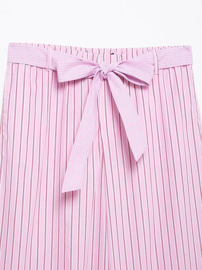 HH Women Striped Pants Suit Lapel Pocket Single-breasted Blouse+Side Zipper Lace Short Top+High Waist With Belt Poplin Pant