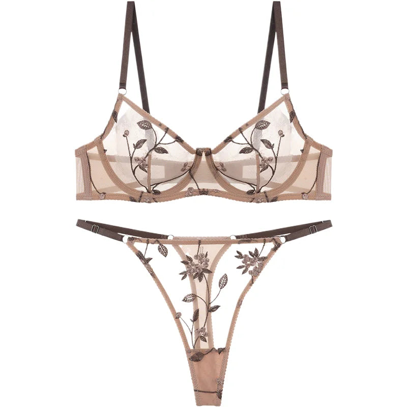 Sexy Soft Mesh Bra Set, Embroidered Ultra Thin T Back,Comfortable Transparent Lingerie for Women, Slimming Breathable Inner Wear