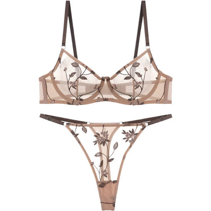 Sexy Soft Mesh Bra Set, Embroidered Ultra Thin T Back,Comfortable Transparent Lingerie for Women, Slimming Breathable Inner Wear
