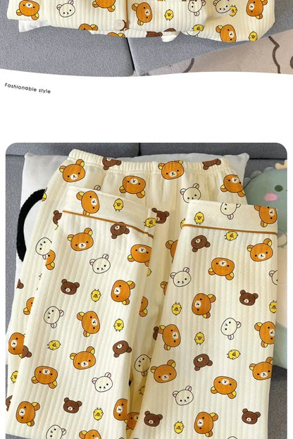 Thickened Air Cotton Sleepwear Set for Women Lazy Bear Cartoon Design Long Sleeve Long Pants Home Clothes Autumn Winter