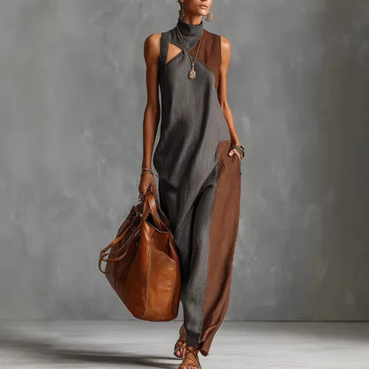 Bohemian Women's Long Dress Summer Color Block Beach Tank Dress Loose Casual High Neck Cutout Maxi Dresses Streetwear Colthing