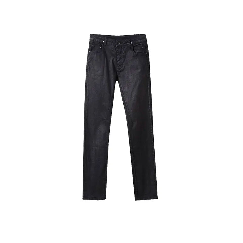 High Street Dark RO Denim Pants Men's Youth Leisure Coating Wax Surface Slim Fit Small Leg Denim Pant Streetwear Retro