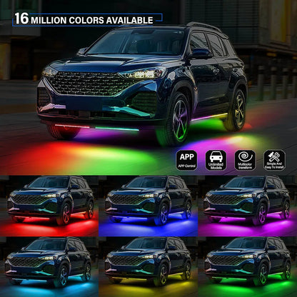 Flowing Color RGB LED Strip Under Car Neon Light 60*150 90*180 BT App Control Car Products 6PCS Waterproof Car Accessories 12V