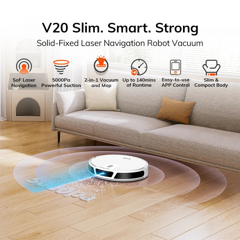 Ilife V20 Robot Vacuum Cleaner, 5000Pa Suction, Sof Lidar Smart Navigation, App Control, Customizable Cleaning, Self Charging