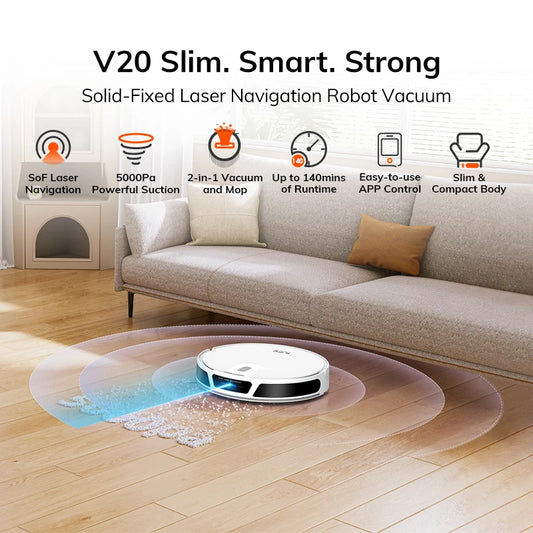 Ilife V20 Robot Vacuum Cleaner, 5000Pa Suction, Sof Lidar Smart Navigation, App Control, Customizable Cleaning, Self Charging