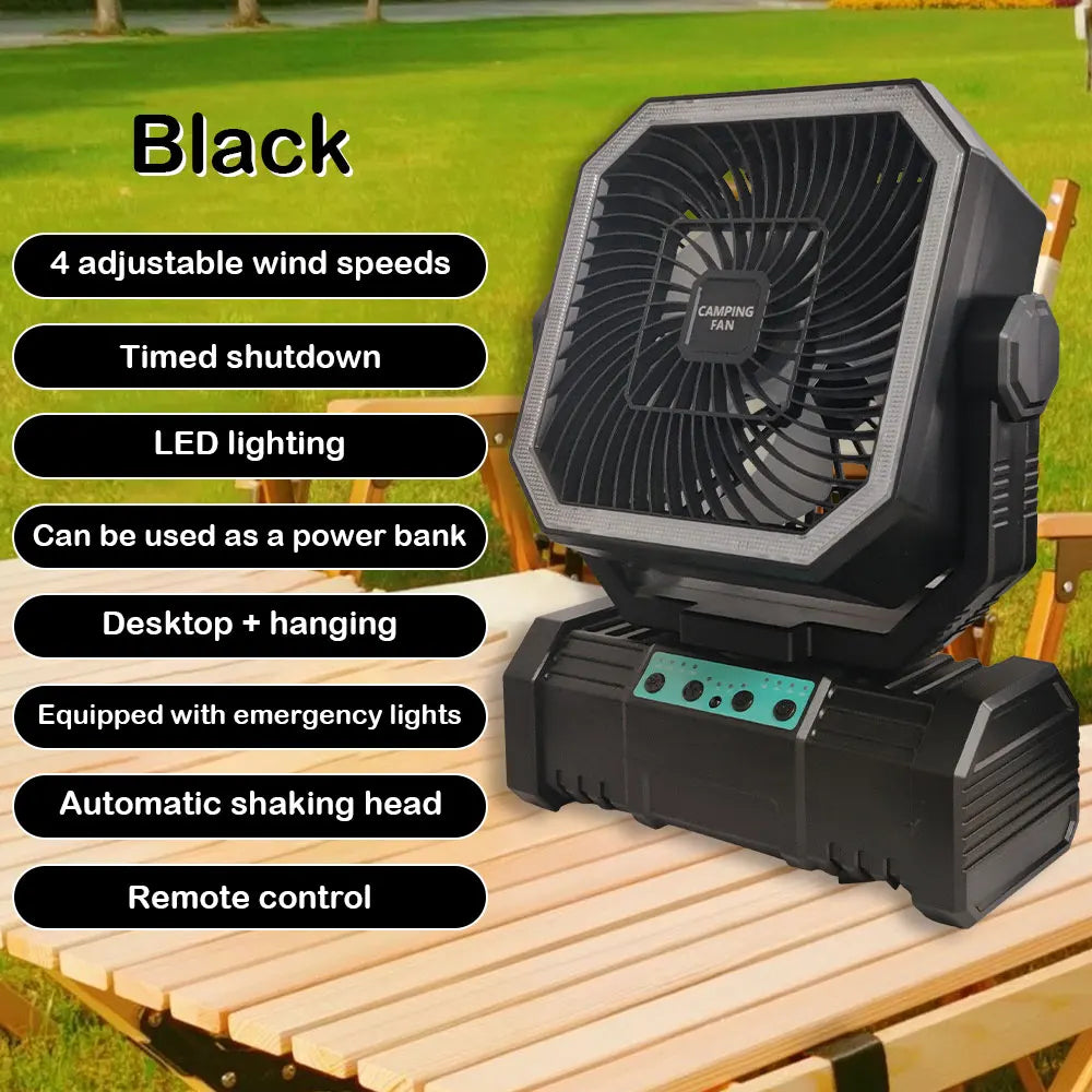 20000 mAh wireless battery-powered camping fan with LED light and remote control, 4 speeds, timer function, USB interface