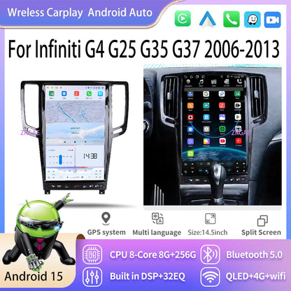 14.5” Android15 For Infiniti G4 G25 G35 G37 2006-2013 Tesla Style GPS Navigation Car Multimedia Video Player Carplay Auto BT 4G