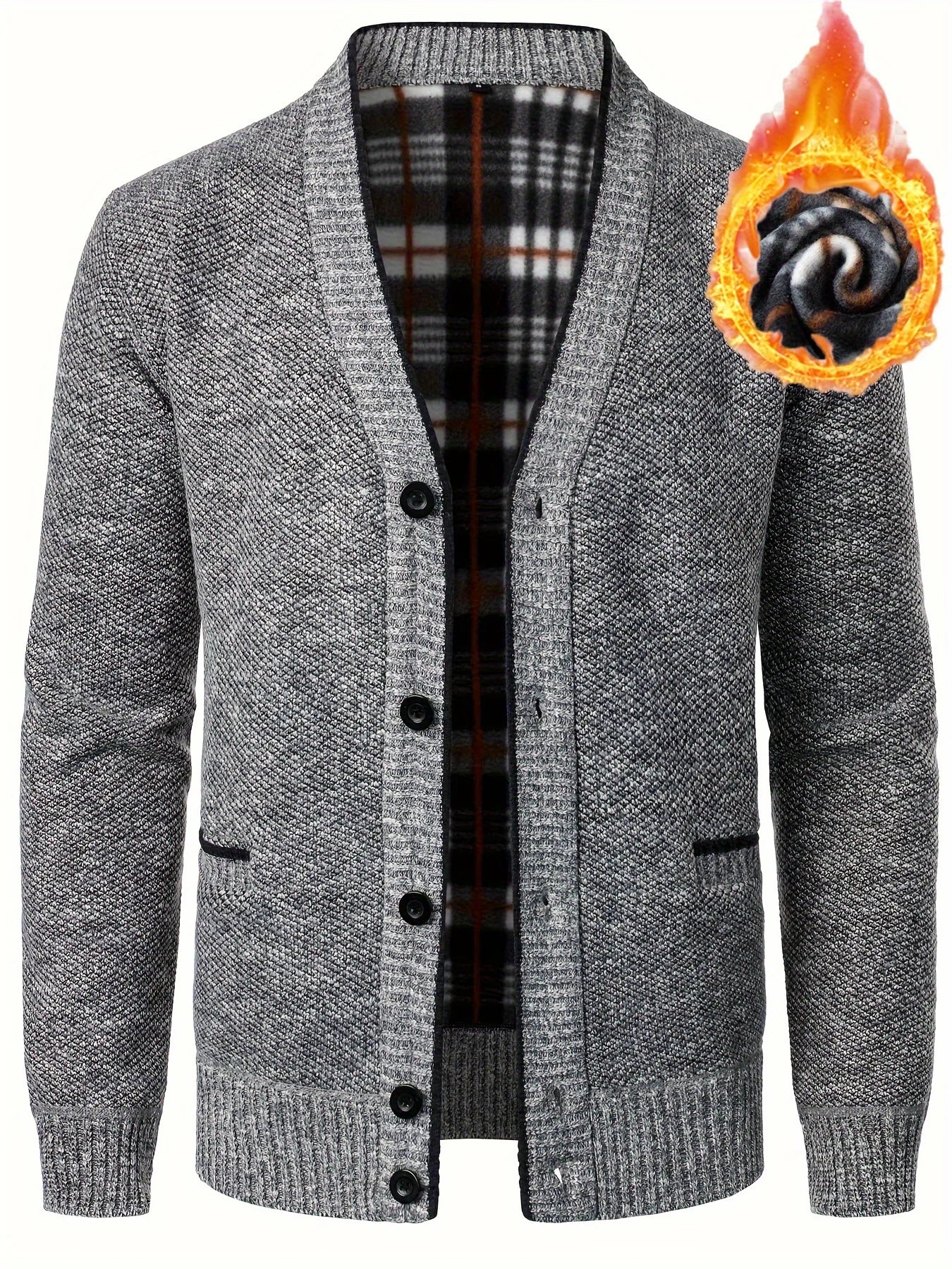 Men's Fleece Lined Knit Cardigan, V-Neck Button Sweater Jacket, Warm Casual Business Knitwear Coat for Autumn Winter