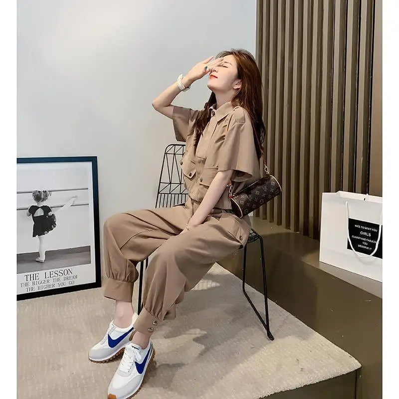 Fashionable Youthful Workwear Career Two-Piece Set Summer New Light Maturity Hepburn Style Quality Polyester Fiber Long Pants