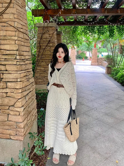 Kumikumi Lazy Style Hollow out Knitted Cardigan Jacket Women's High Waist  Skirt Fashion Set Spring 2025 Acrylic Fabric