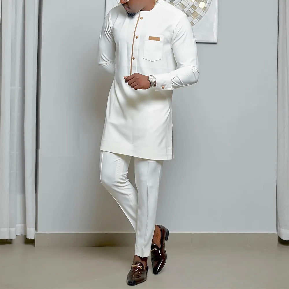 Fashionable Ethnic Embroidered Long Sleeve Long Pants Suit for Men New 2026 Style Summer Season round Neck Single Button Closure