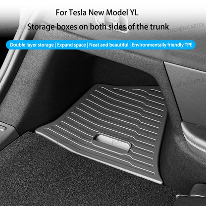 For Tesla NEW Model YL 2026 Rear Trunk Side Storage Box Cargo Organizer TPE Bin Box Flocking Mat Partition Board Accessories