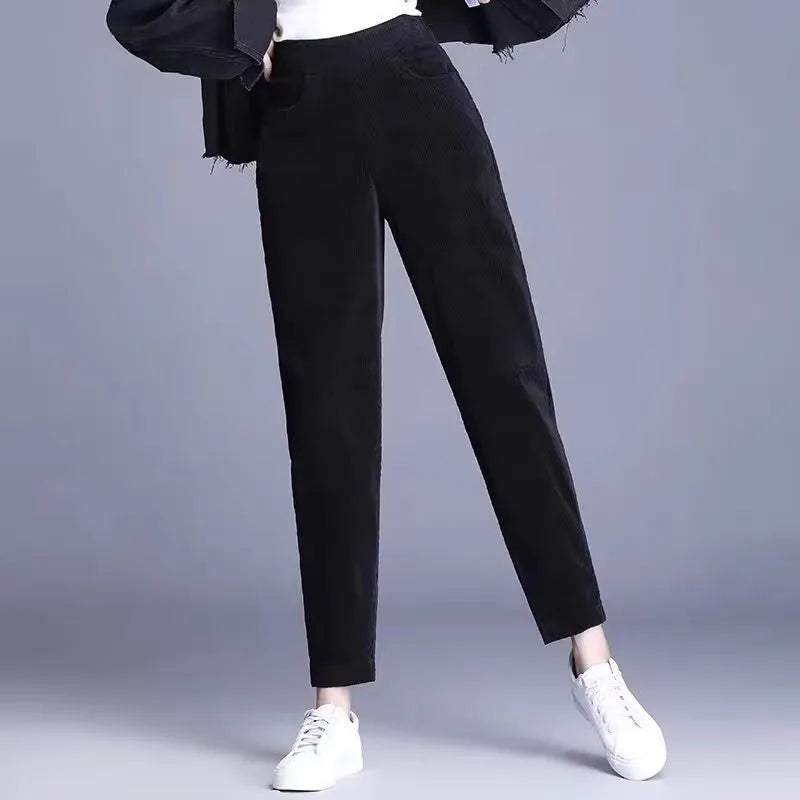 Thickened Fleece Corduroy Pants High Waist Harlan Style Winter 2024 New Women's Casual Trousers Elastic Waist Pocket Detail