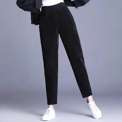 Thickened Fleece Corduroy Pants High Waist Harlan Style Winter 2024 New Women's Casual Trousers Elastic Waist Pocket Detail
