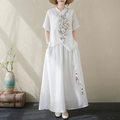 New National Style Heavy Embroidery  Set Women Summer Loose plus Size Fringed Wide Leg Pants Skirt Slimming Two Piece Set
