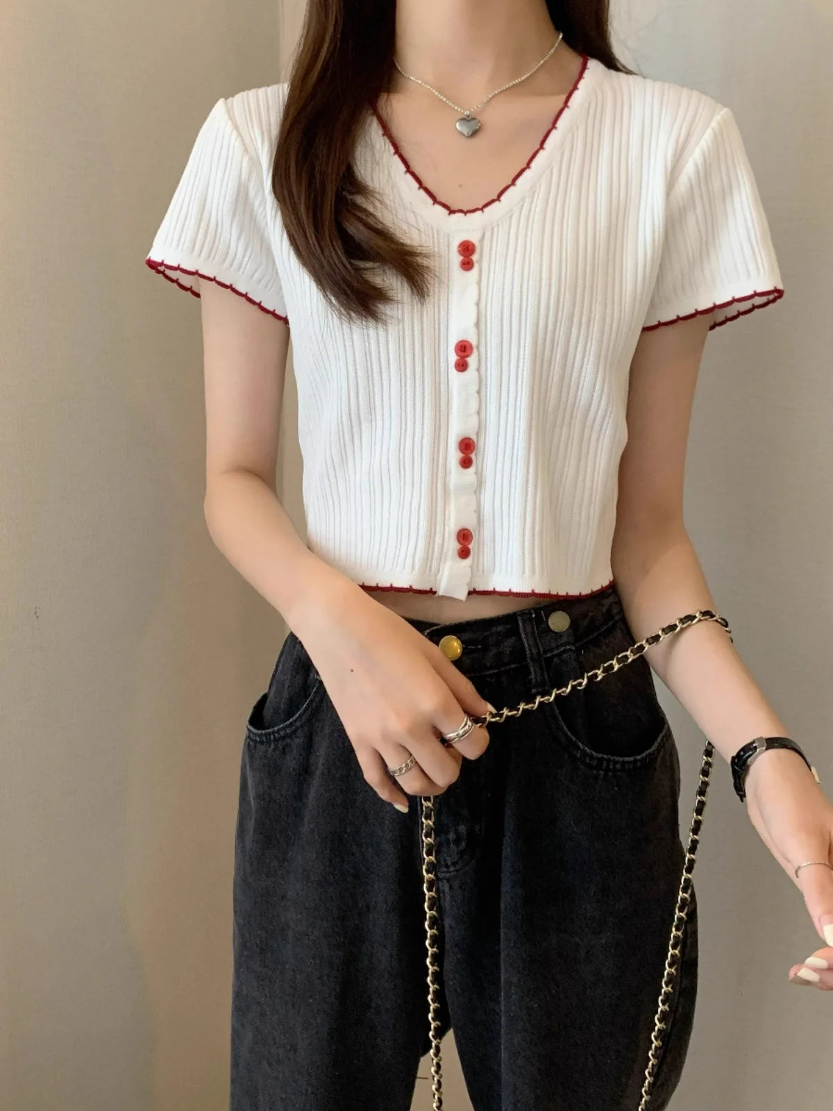 Summer Women's Ice Silk Knitted T-shirt Short Sleeve Striped High Waist Design Sweet And Spicy Belly Button Short Top