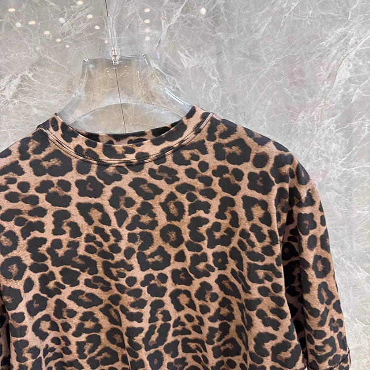 High-End Women's Retro Leopard Print round Neck Loose Short Sleeve T-Shirt 2025 New Style Commute Style Casual Inner Wear